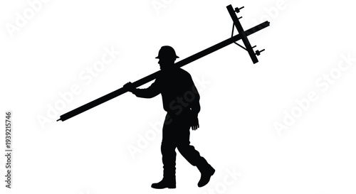 Silhouetted lineman carrying a utility pole across a white background