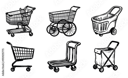 Set of six different shopping carts and trolleys in a hand-drawn black and white ink sketch style, showing various designs from classic metal to modern plastic models