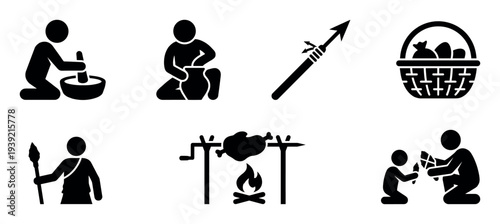 Collection of black glyph icons representing prehistoric life and ancient survival skills, including hunting, gathering, pottery, tool making, and cooking food over a fire
