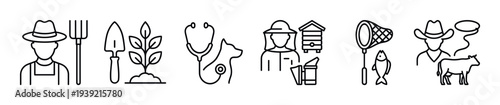 Set of six agricultural profession icons including a farmer, gardener, veterinarian, beekeeper, fisherman, and rancher, rendered in a clean black and white line art style