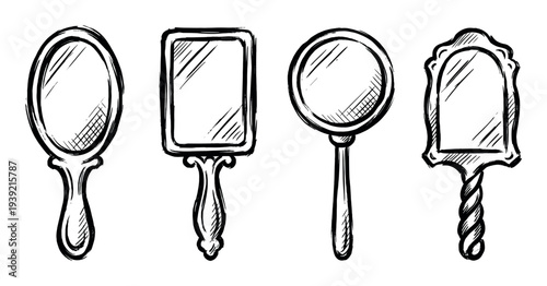 Collection of four vintage hand mirrors in various classic shapes, hand-drawn in a black ink sketch style with rough brush strokes and hatching for reflection