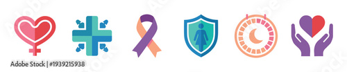 Diverse collection of colorful flat vector icons representing women's health, rights, and support, featuring a heart, medical cross, awareness ribbon, and protection shield