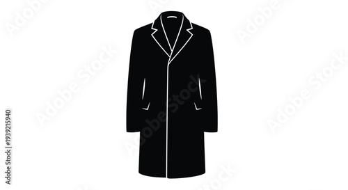 A black silhouette of a classic overcoat hanging on a garment rack