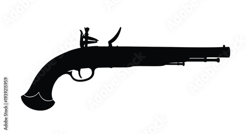 A black silhouette depicting an antique flintlock pistol on white