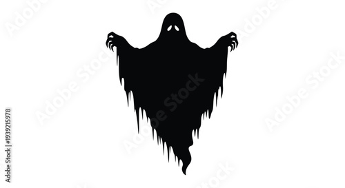 A stark black silhouette of a classic flowing ghost figure