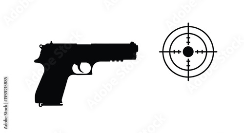 Silhouette of a handgun with a target reticle beside it