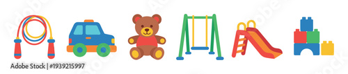 Colorful set of children's toys and playground equipment including a jump rope, car, teddy bear, swing, slide, and building blocks in a flat vector illustration style