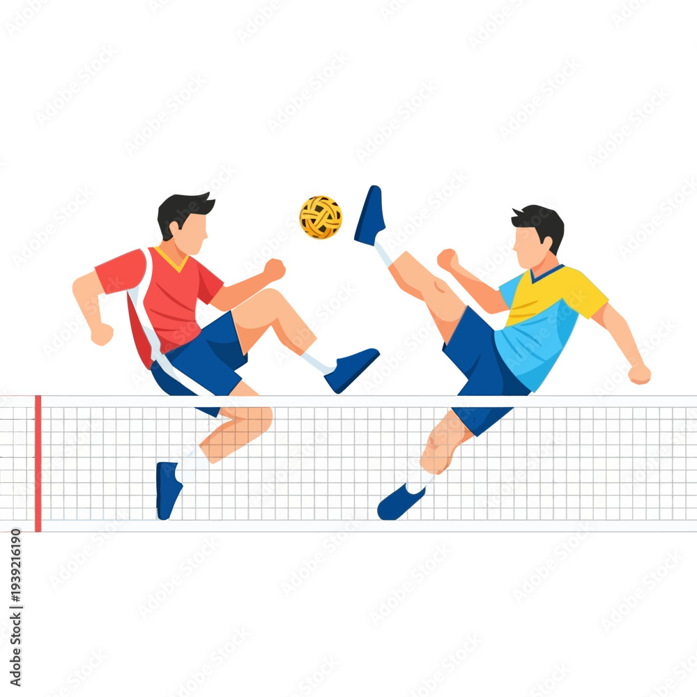 Fototapeta premium Sepak Takraw Players Competing in Mid-air with a Rattan Ball Over Net