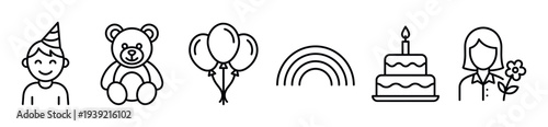 Set of black line art icons for a birthday party celebration with a boy in a hat, teddy bear, balloons, rainbow, cake with a candle, and a girl holding a flower