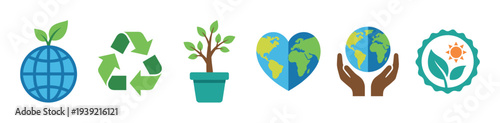 Set of six colorful flat design environmental icons representing ecology, sustainability, recycling, and care for the planet with a globe, tree, and heart symbols