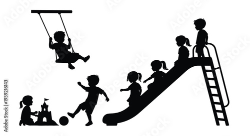 Children playing on a playground with a swing slide and sandcastle