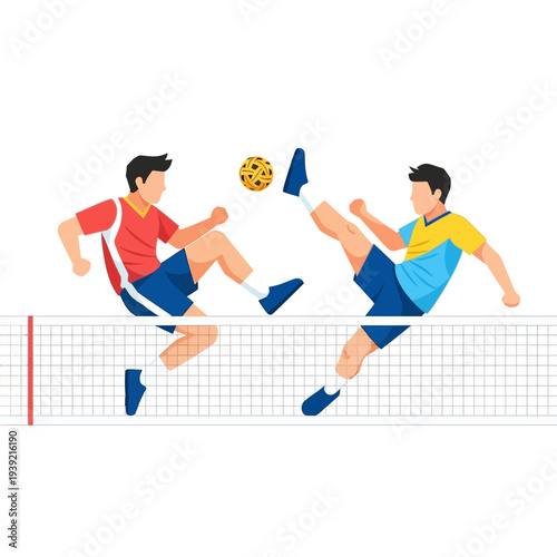 Sepak Takraw Players Competing in Mid-air with a Rattan Ball Over Net