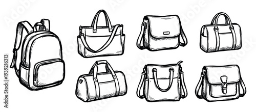 Collection of hand-drawn bags and backpacks in a black and white sketch style, featuring various designs like totes, duffels, and messenger bags for travel and school