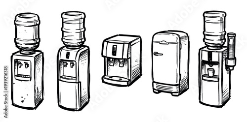 Collection of hand-drawn water coolers and a refrigerator in a black and white sketch style, showing various designs of office beverage dispensers and kitchen appliances
