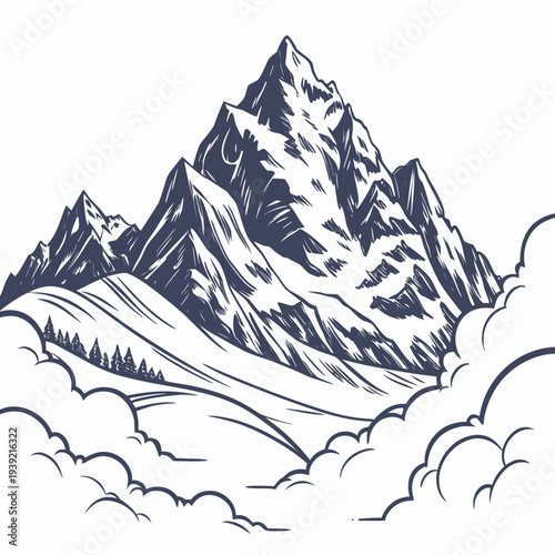 A majestic mountain range with snowcapped peaks and clouds