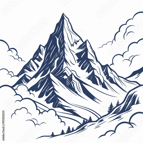 Illustration of a majestic mountain range with clouds and trees in a stylized drawing