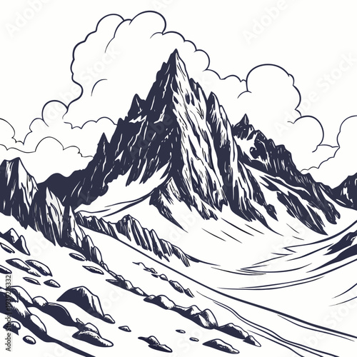 A stunning black and white illustration of a snowcapped mountain range with rugged peaks and clouds