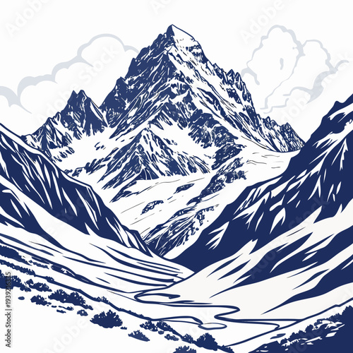 Illustration of a snowy mountain range with a river and clouds in the background in blue and white color
