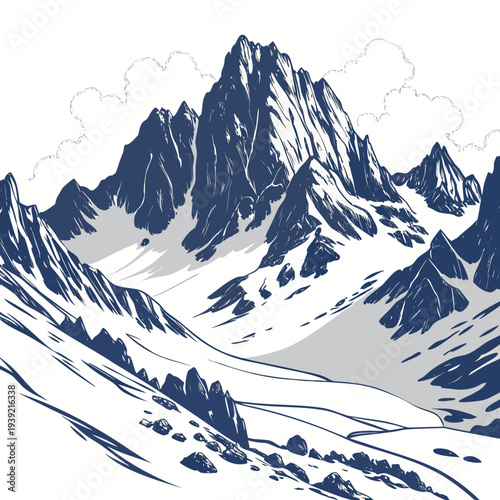 Illustration of a snowy mountain range with rugged peaks and clouds in the background