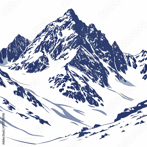 A majestic snowcapped mountain range with rugged peaks and slopes