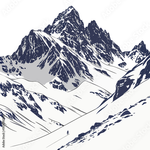 Illustration of a snowy mountain range with a skier