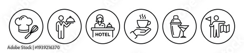 Set of black line art icons representing hospitality and tourism services like chef, waiter, reception, coffee, bar, and tour guide in a minimalist circular design