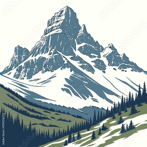 Illustration of a snowcapped mountain with trees on a green hillside