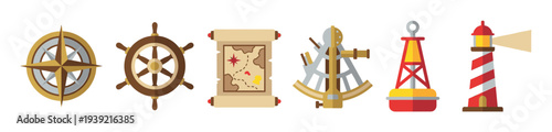 Set of six nautical navigation icons including a compass, ship wheel, treasure map, sextant, buoy, and lighthouse in a flat vector illustration style for maritime themes