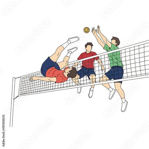 Sepak Takraw Players in Action: Acrobatics, Spike, and Block at Net