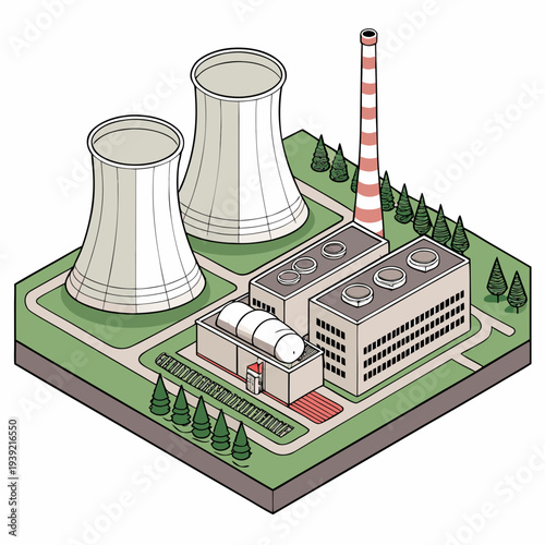 Isometric illustration of a nuclear power plant with cooling towers and a smokestack on a green landscape