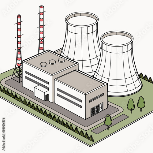 Isometric illustration of a nuclear power plant with cooling towers and industrial buildings