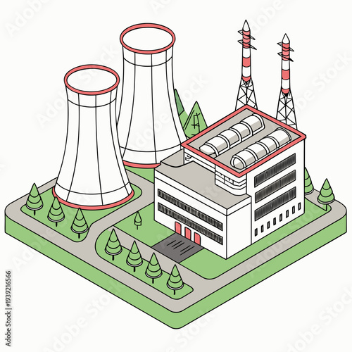 Isometric illustration of a nuclear power plant with cooling towers and a reactor building on a green landscape with trees