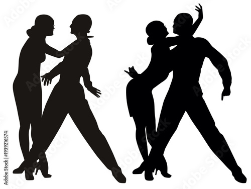 Collection of black vector silhouettes of beautiful elegant dancing woman and man.