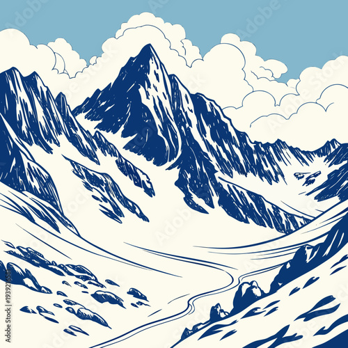 Illustration of a snowy mountain range with a winding road and clouds in the sky with blue and white colors
