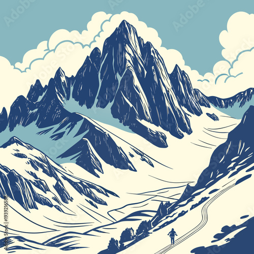 Illustration of a person hiking in a snowy mountain range with clouds in the sky and trees on a sunny day