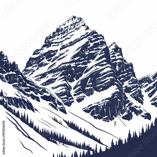A stunning dark blue mountain range with snow and trees on a