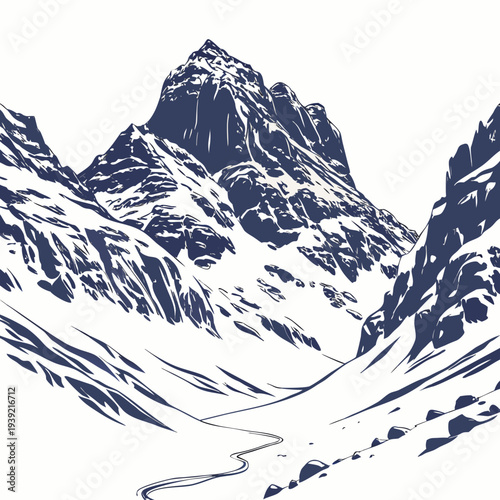 A stunning dark blue illustration of a snowy mountain range with a winding road