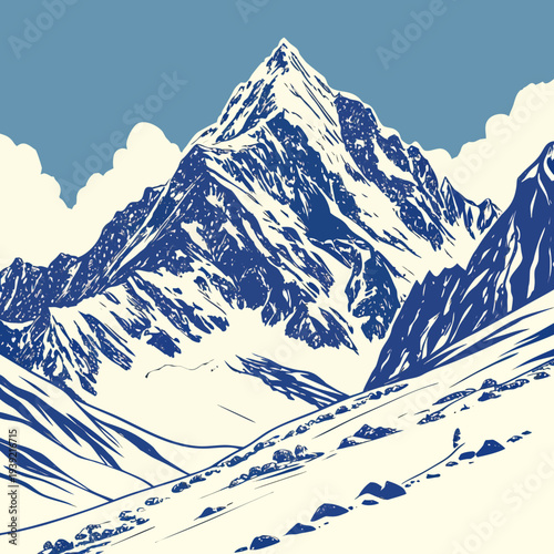 Illustration of a snowy mountain range with a blue sky and clouds in a vintage style