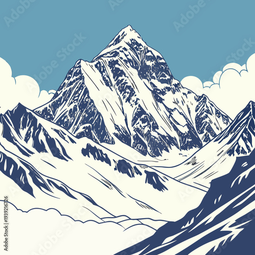 Illustration of a majestic snow capped mountain range in a vintage style against a blue sky with clouds