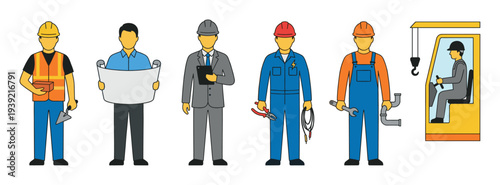 Set of construction industry worker characters representing various professions like builder, architect, electrician, and plumber in a simple flat vector illustration style