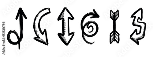 Set of hand-drawn black grunge arrows in various shapes and directions, featuring sketchy brush strokes, doodle style elements, and creative pointer symbols for design