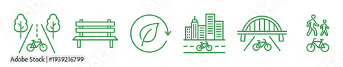 Green outline icon set representing sustainable urban mobility, city life, ecology, and healthy lifestyle with bicycle, park, and pedestrian symbols