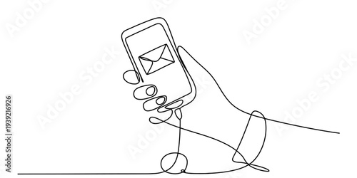 Hand Holding Smartphone with Email Icon One Line Drawing Vector
