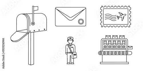 Mail Service and Postal Delivery Line Icon Set