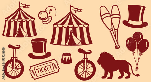 Vintage Circus Elements Collection Featuring Tents Balloons Lion Top Hats and Juggling Pins on a Light Background
