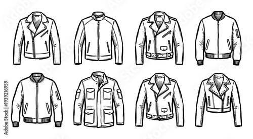 Collection of hand-drawn leather jackets in various styles including biker, bomber, and moto, presented as a black and white line art illustration set of fashionable outerwear