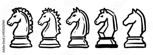 Five black hand-drawn chess knight pieces arranged in a row showing a stylistic evolution from detailed to minimalist abstract forms in a rough ink brush stroke style