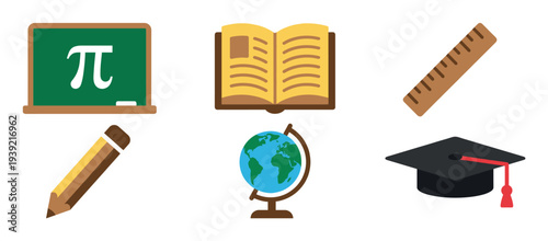 Collection of flat design education icons including a chalkboard with pi, an open book, a ruler, a pencil, a globe, and a graduation cap representing learning and school