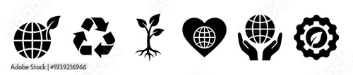 Six black environmental and sustainability icons representing ecology, recycling, growth, planet care, and green technology in a minimalist vector graphic style for conservation concepts