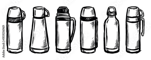 Set of six different hand-drawn thermos flasks and reusable bottles in a rough sketch style, featuring various insulated container designs with handles and caps for hot drinks